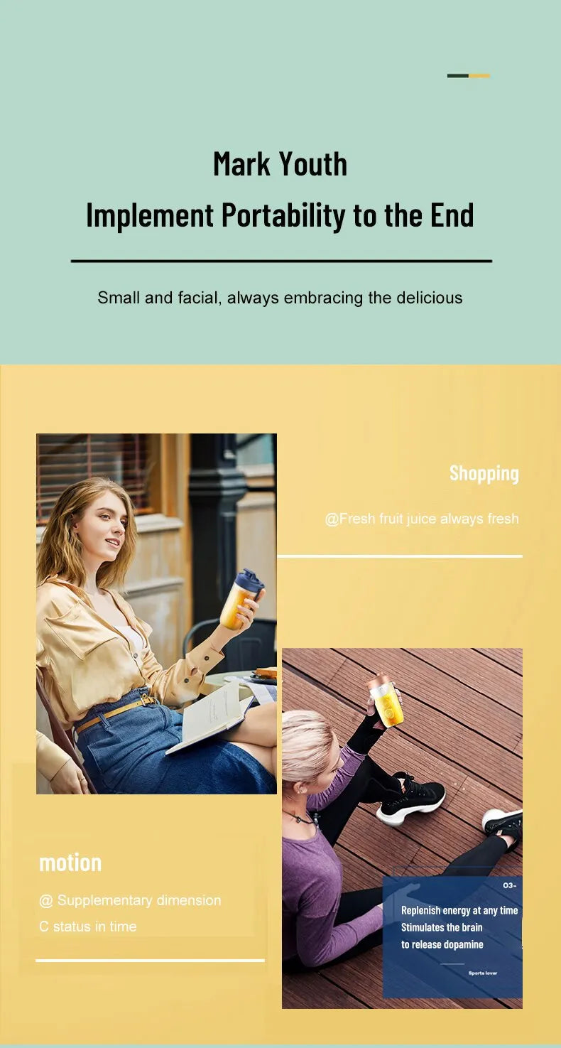 Small, portable blue blender cup with gold lid, featured in two lifestyle shots with women holding it.