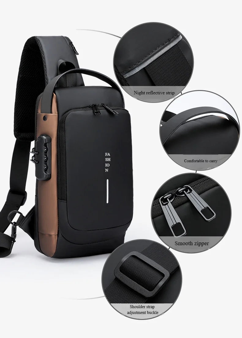 Black and bronze anti-theft chest bag featuring a password lock, USB port, reflective strip, and adjustable strap.