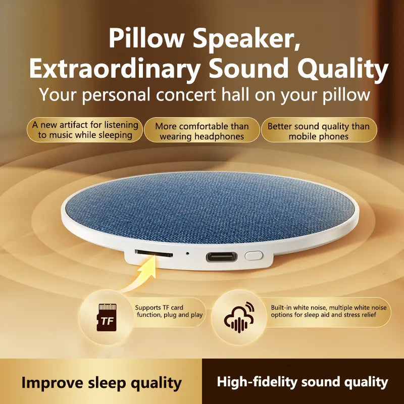 Round, blue fabric-topped wireless pillow speaker with white base, TF card slot, and charging port for sleep aid.