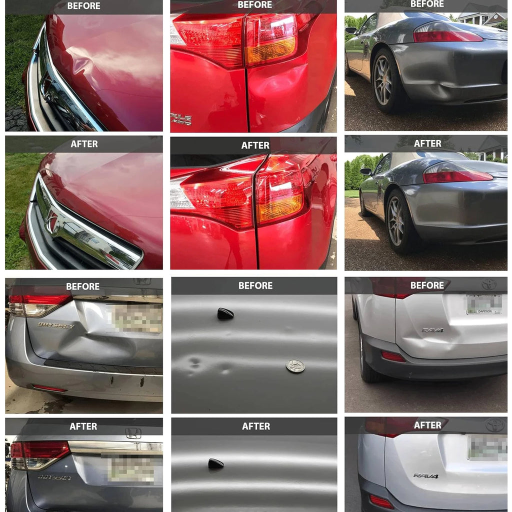 Before and after comparison photos show car bodies with dents repaired using the Super PDR dent puller kit.