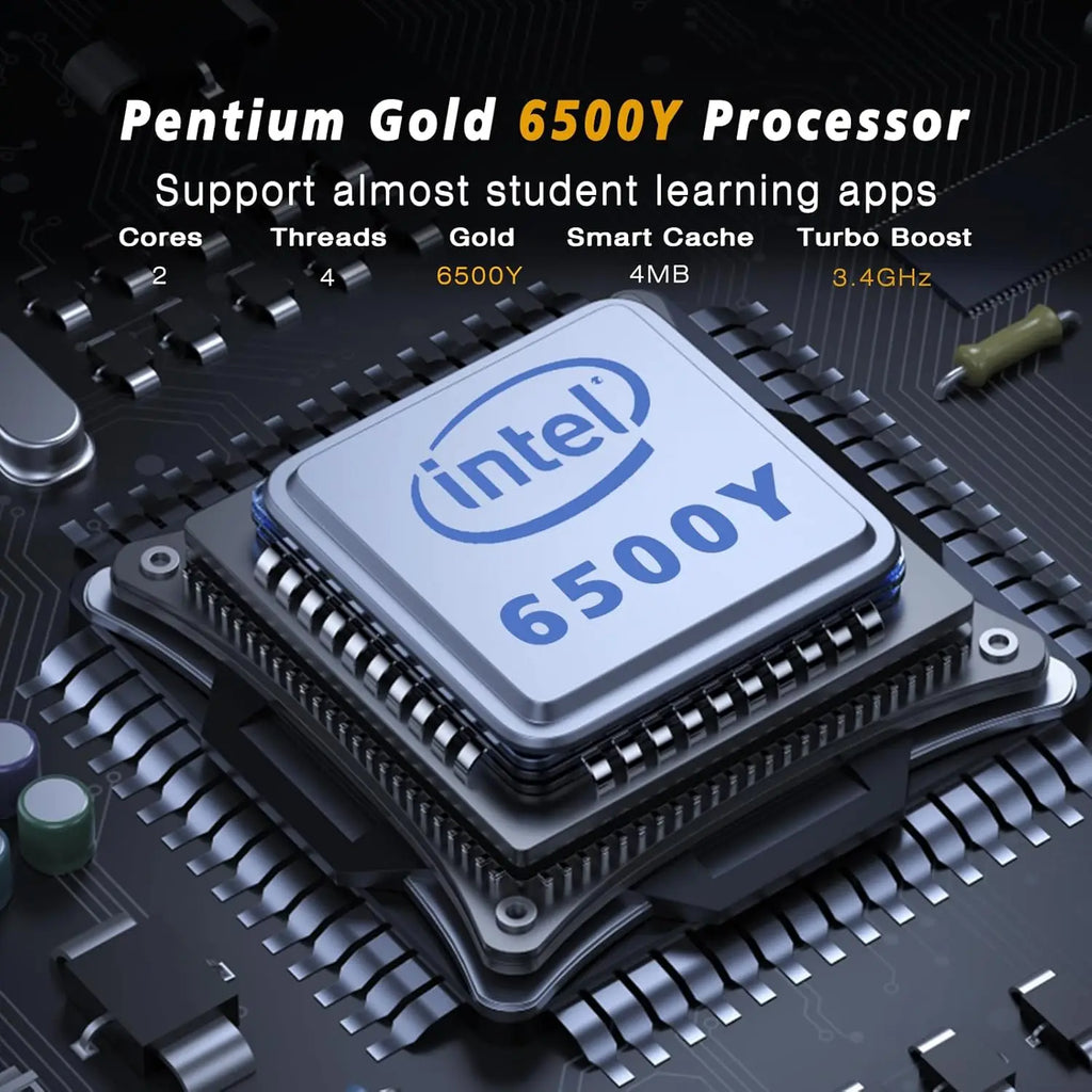 Close-up of a central processor unit mounted on a black computer motherboard, showcasing technical performance specs.