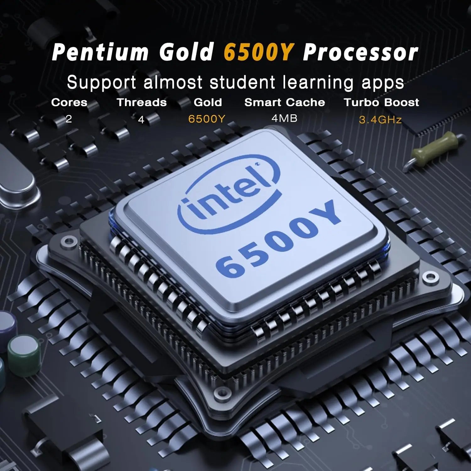 Close-up of a central processor unit mounted on a black computer motherboard, showcasing technical performance specs.