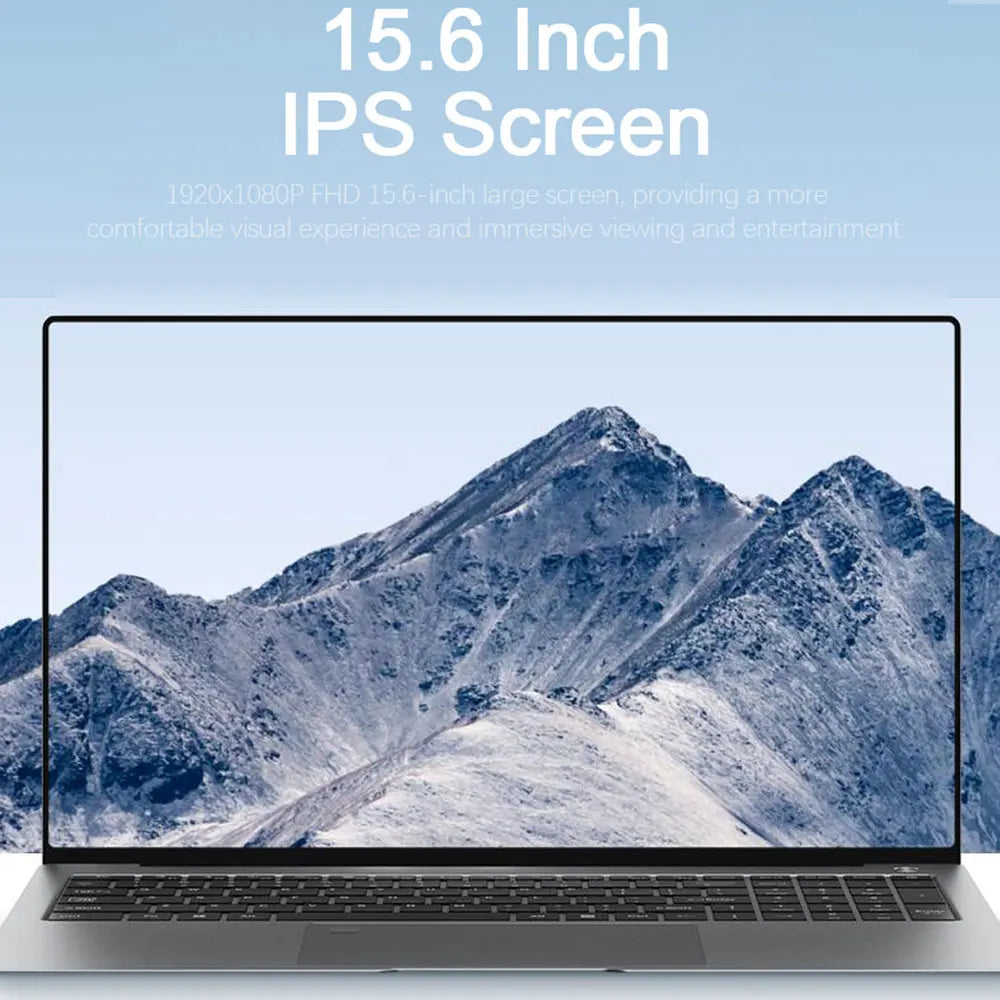Sleek silver gaming laptop with a 15.6-inch Full HD touchscreen featuring a vibrant mountain landscape wallpaper.