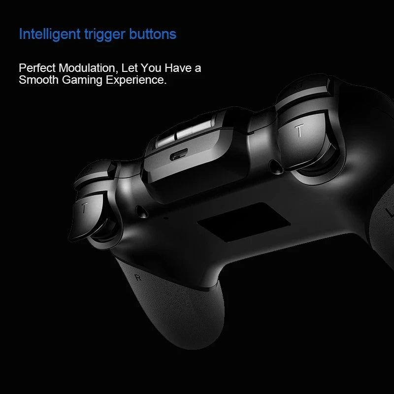 Close-up of a sleek matte black gaming controller featuring prominent shoulder trigger buttons labeled with a T.