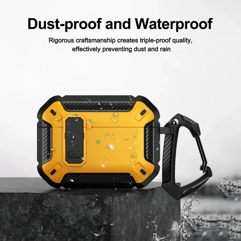 Rugged yellow and black protective case for AirPods Pro, featuring carbon fibre accents and a secure carabiner clip.