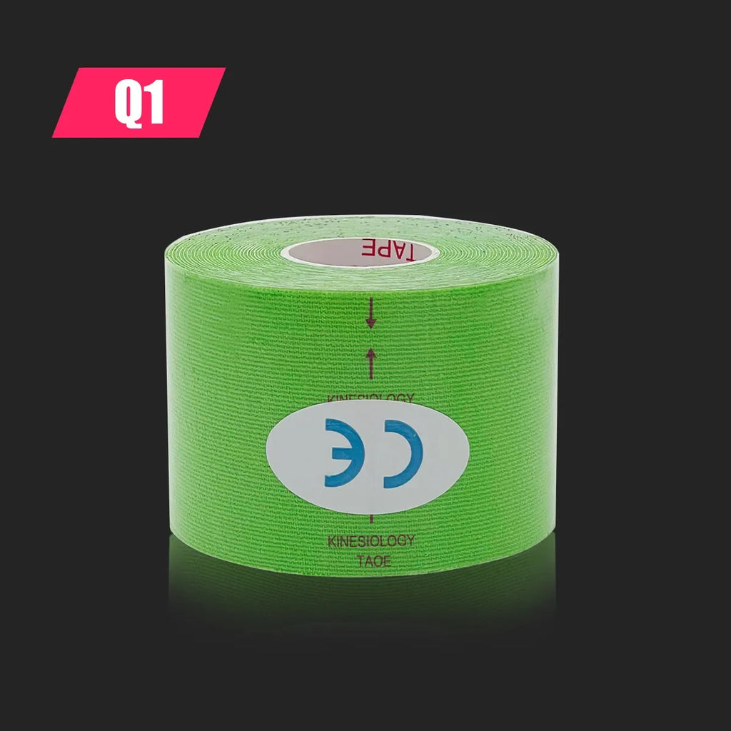 A roll of bright green kinesiology sports tape featuring a central white oval logo and red instructional markings.