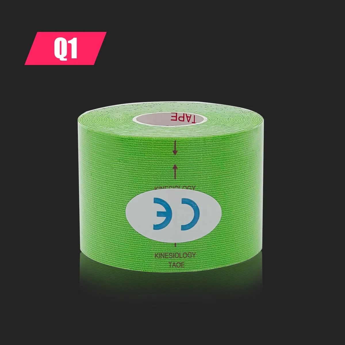 A roll of bright green kinesiology sports tape featuring a central white oval logo and red instructional markings.