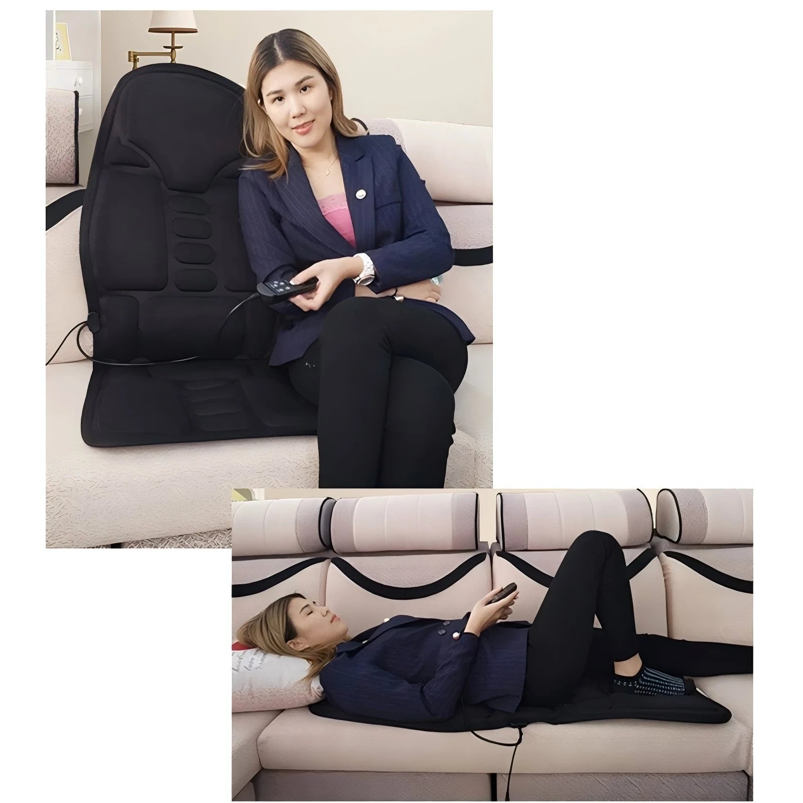A woman uses a black, multifunctional heated massage cushion on a sofa, controlled by a handheld remote.
