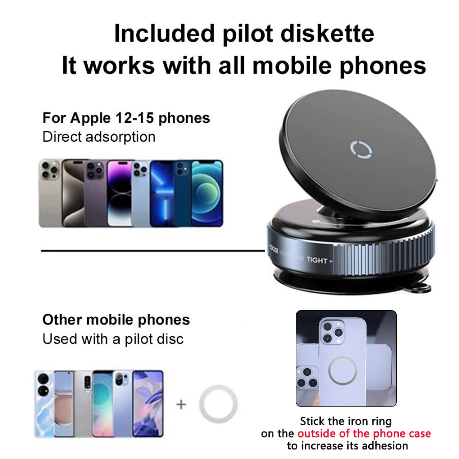 Black magnetic car phone mount with adjustable base and included metal ring for universal phone compatibility.