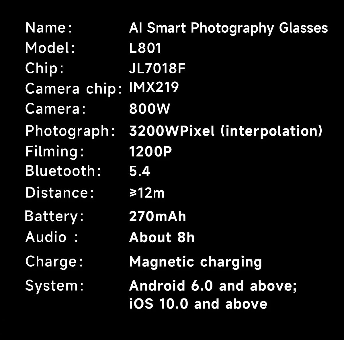 Sleek black AI smart glasses featuring an HD camera and voice assistant with magnetic charging capabilities.