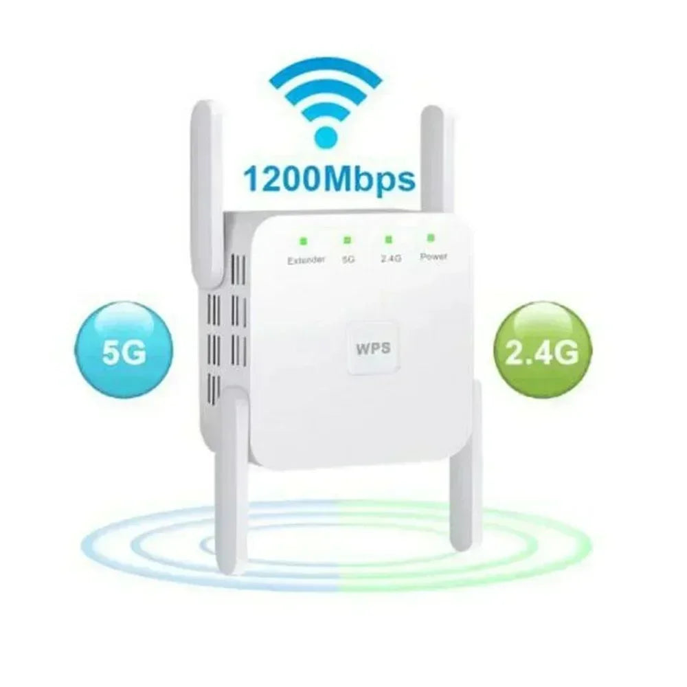 White 1200Mbps WiFi repeater with four antennas, status lights, WPS button, and 5G/2.4G connection icons.