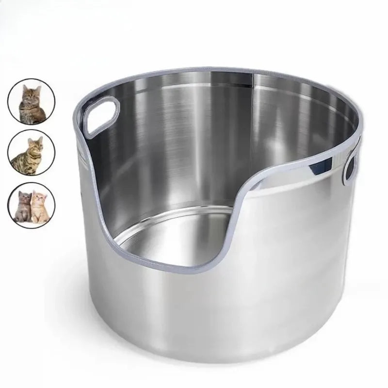 Silver stainless steel round cat litter box with low entry cutout and side carry handles.
