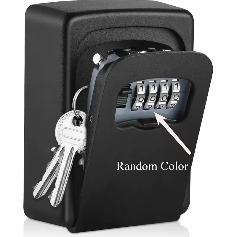 Black metal wall-mounted key lock box with a four-digit combination dial and key ring inside.