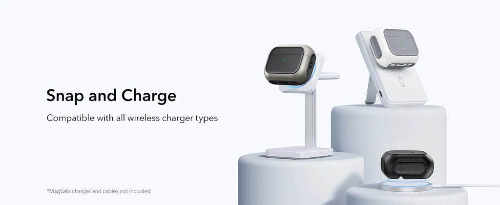 Metallic and matte protective AirPods Pro cases charging wirelessly on magnetic stands.