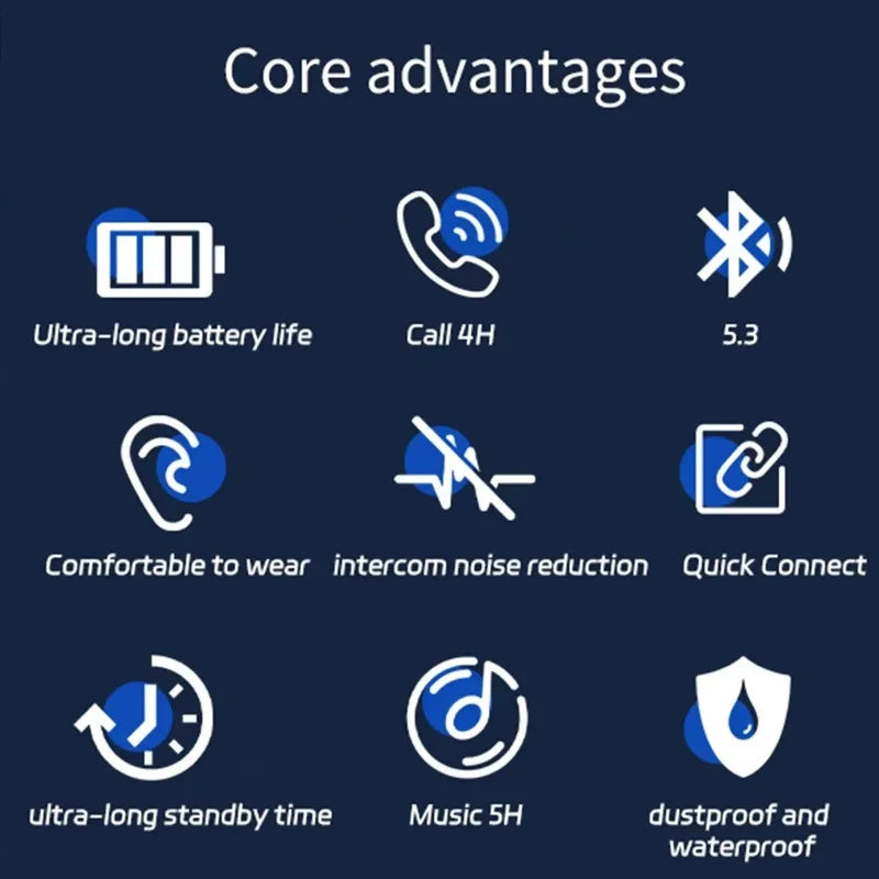 Infographic listing nine features of wireless earbuds, featuring white icons and text on a dark blue background.
