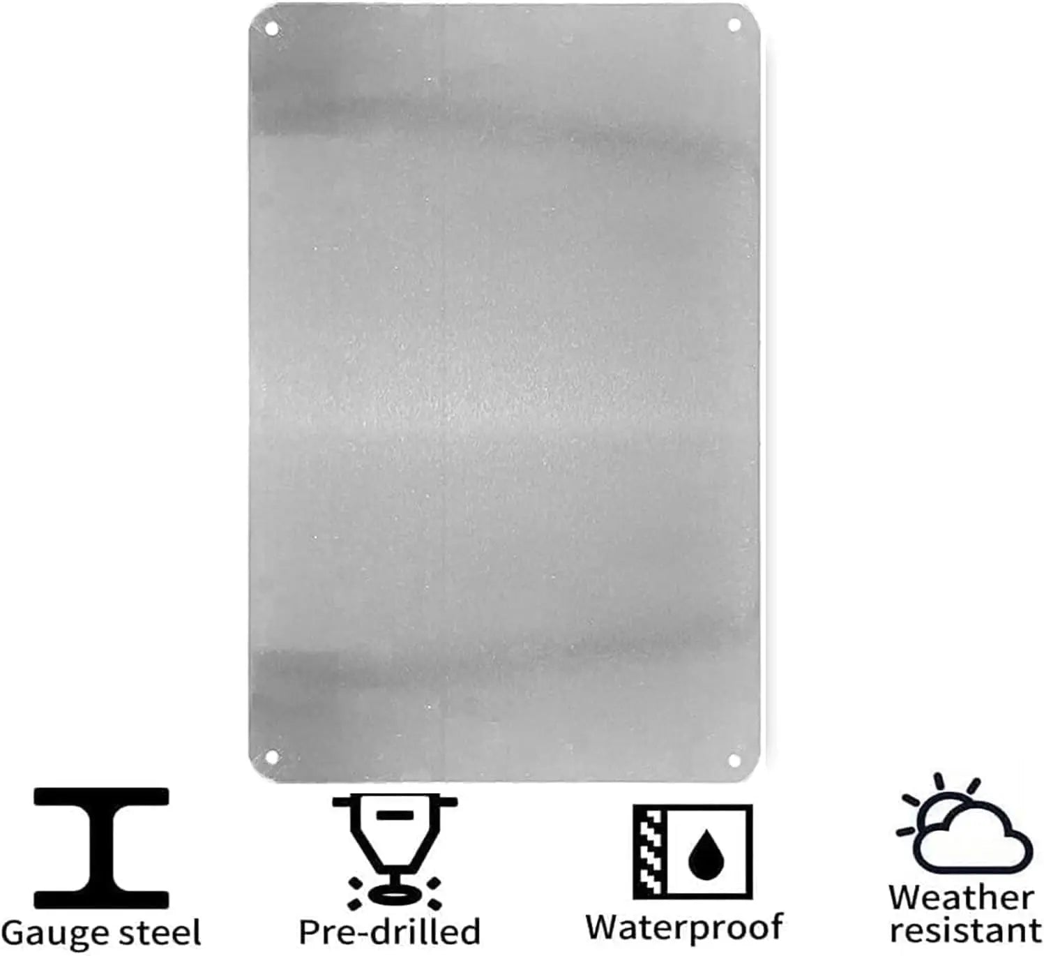 Blank silver metal rectangular wall sign with rounded corners, pre-drilled holes, and waterproof, weather-resistant finish.