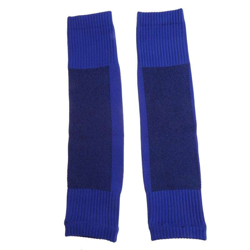 Pair of royal blue athletic leg sleeves featuring ribbed cuffs and a breathable mesh panel for support.