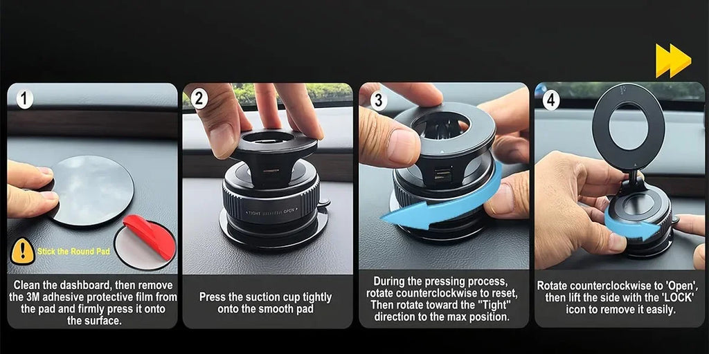 Four-step instructional guide showing how to install a black, circular, suction-based car dashboard mount.