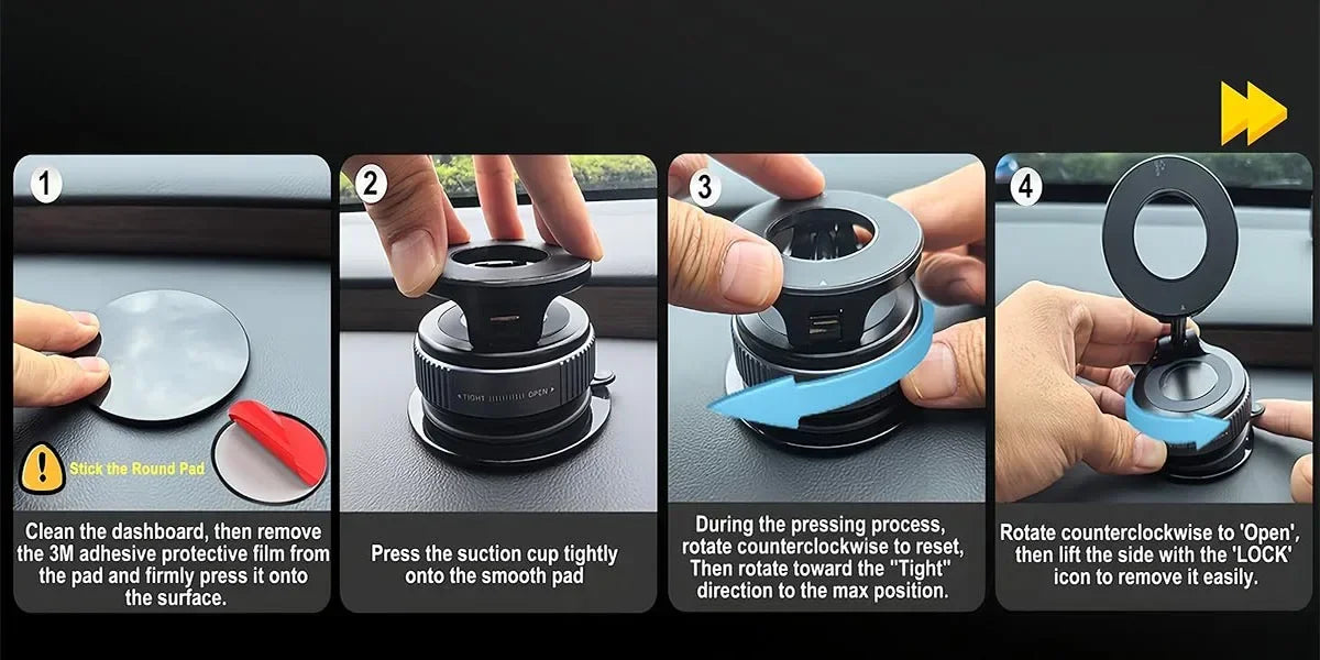 Four-step instructional guide showing how to install a black, circular, suction-based car dashboard mount.