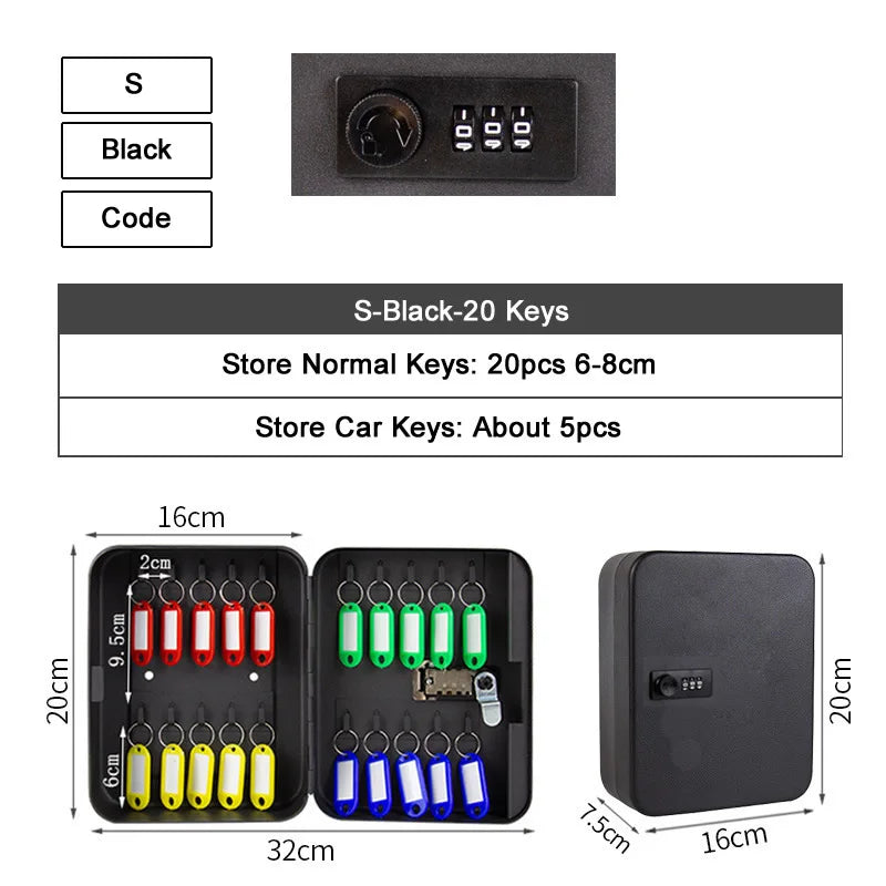 Small black metal key storage box with a 3-digit combination lock, holding 20 keys with colored identification tags.