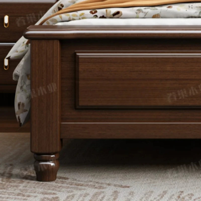 Retro-style 180x200cm double bed frame in rich dark wood with classic panel detailing and turned legs.