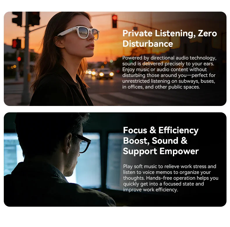 Person wearing sleek white smart glasses outdoors, and a man using black smart glasses for focused work.