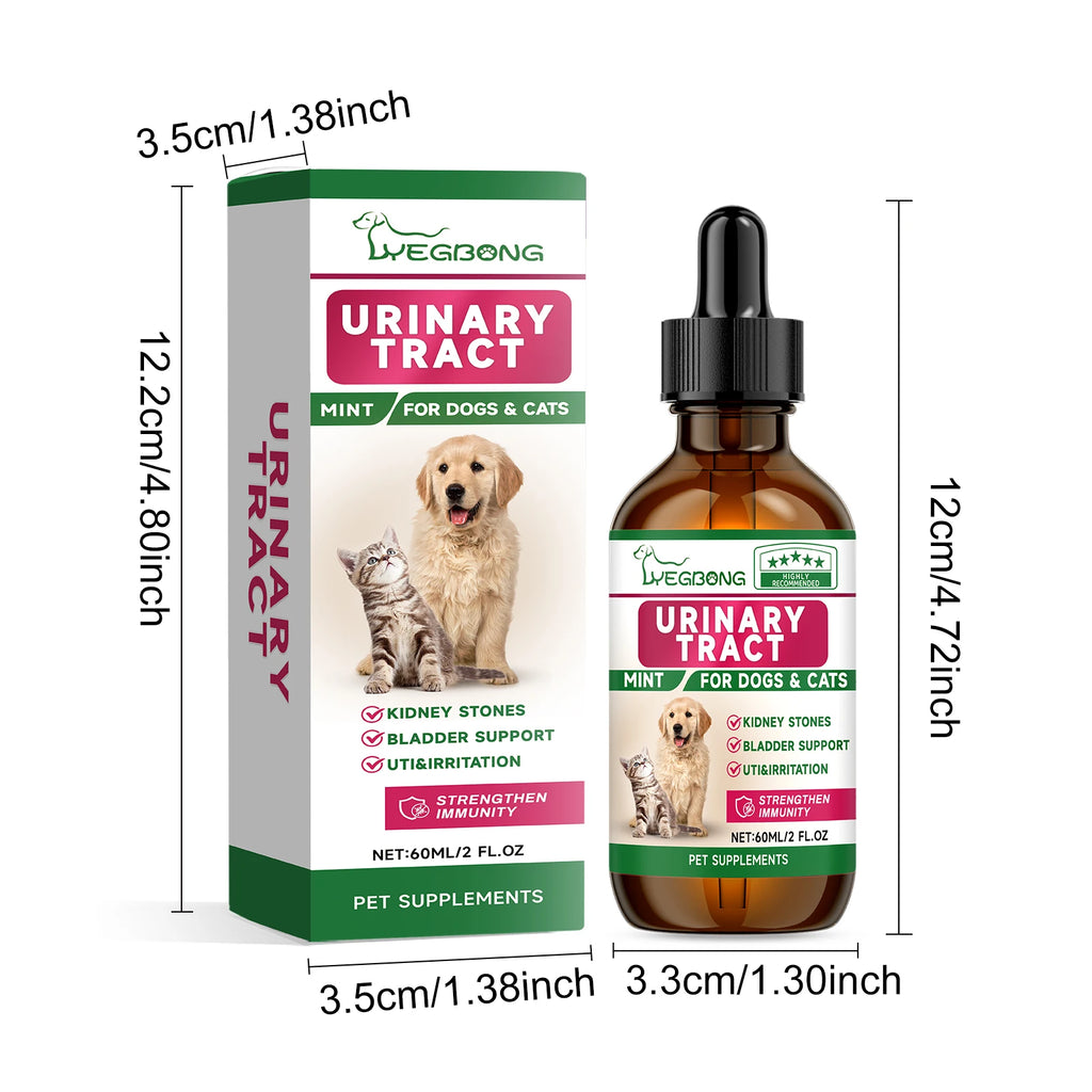 60ml amber glass dropper bottle and box for dog and cat urinary tract support with mint, featuring pet imagery.