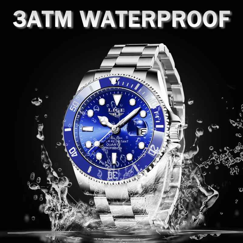 Men’s silver-tone stainless steel quartz watch with a blue dial, date window, and 3ATM water-resistant rating.