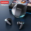 Black wireless gaming earbuds and charging case with blue LED lights and a digital battery display.