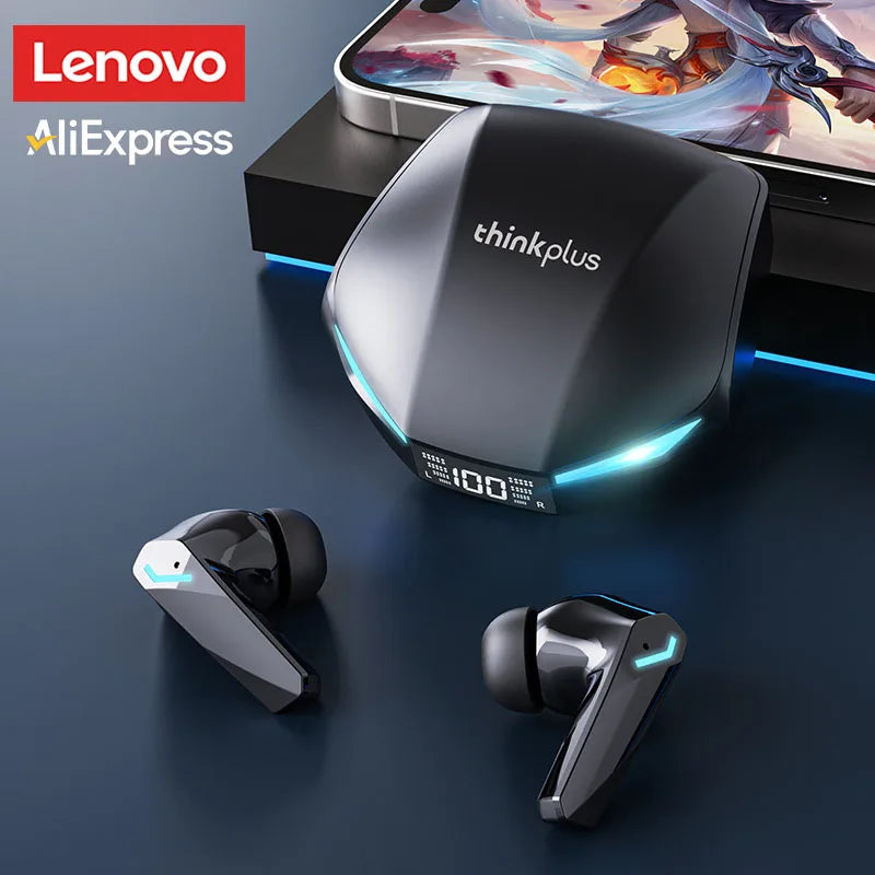 Black wireless gaming earbuds and charging case with blue LED lights and a digital battery display.