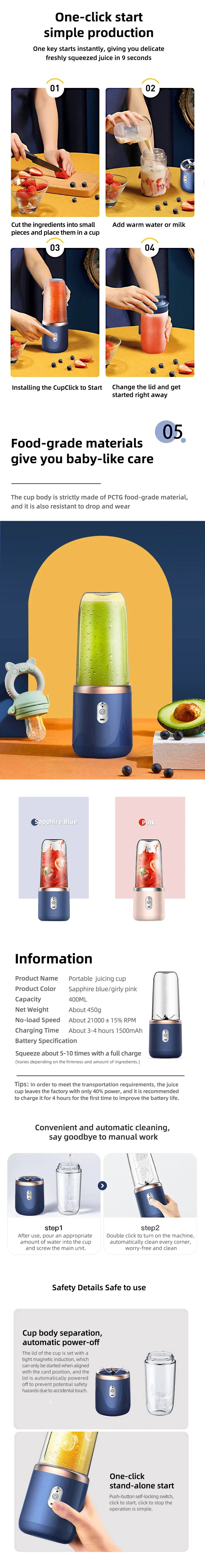 Portable electric blender in blue or pink with a transparent cup, gold accents, and one-click start functionality.