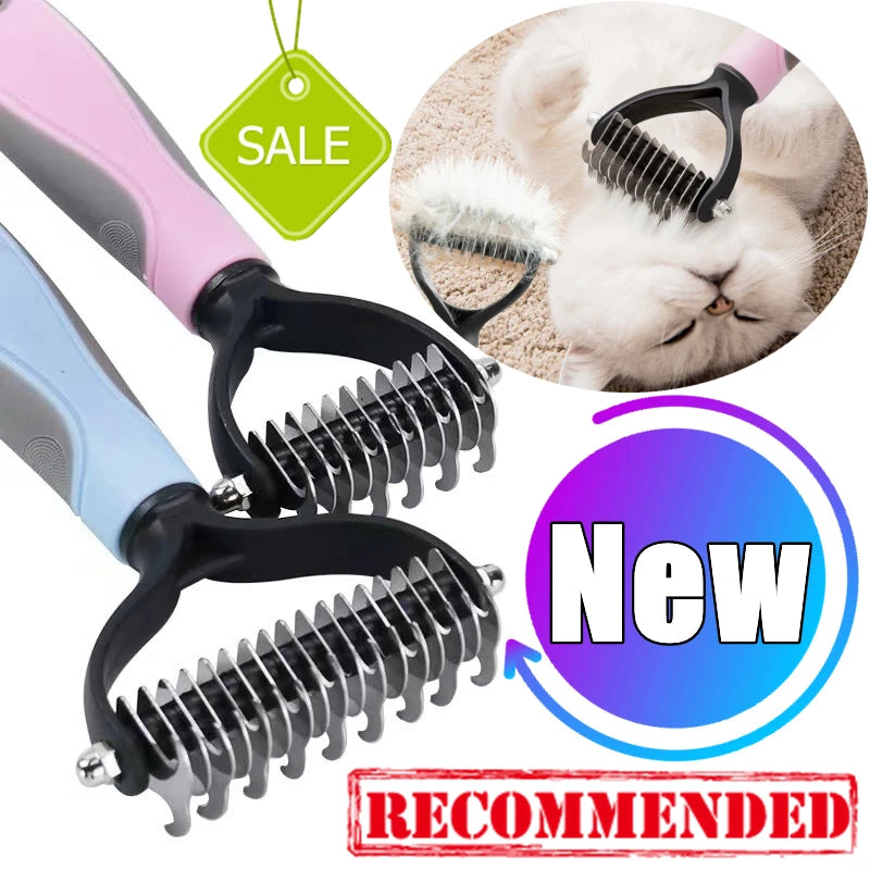 Two pet grooming deshedding rakes with pink and blue handles, shown being used on a white cat.