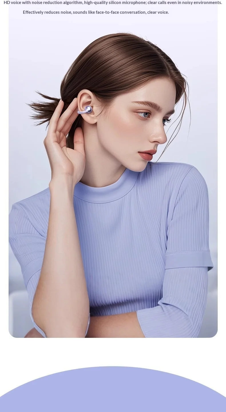 Woman wearing a light purple clip-on ear cuff earbud, matching her ribbed top. Minimalist, modern design.