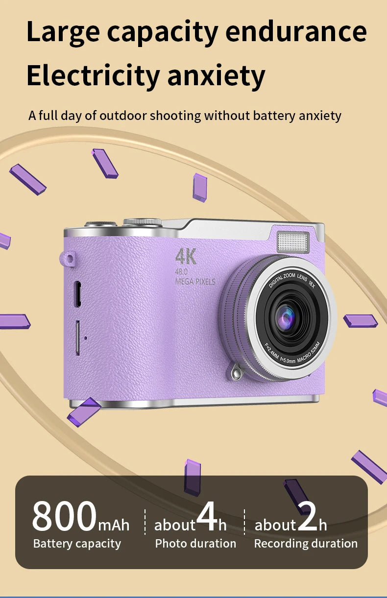 A purple, leather-textured 4K digital camera with an 18x zoom lens and 800mAh battery for extended use.