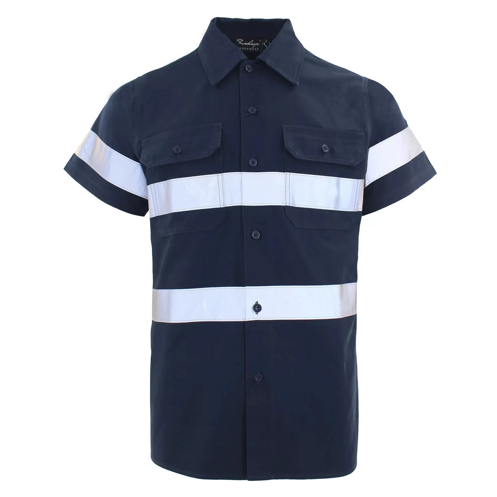 Navy blue short-sleeved work shirt with button-down front, two chest pockets, and horizontal reflective safety stripes.