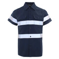 Navy blue short-sleeved work shirt with button-down front, two chest pockets, and horizontal reflective safety stripes.