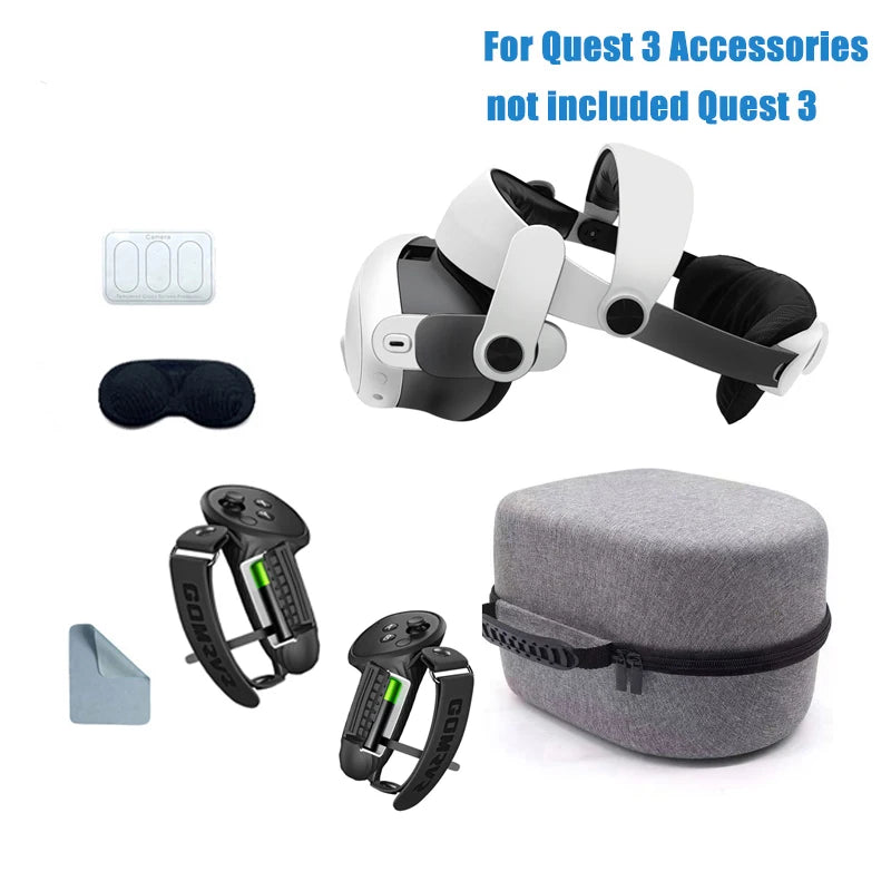 White adjustable halo head strap, controller grips, protective lens cover, and grey carry case for VR headset.