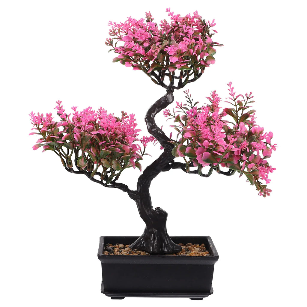 Artificial bonsai tree with vibrant pink foliage, a dark curved trunk, and a square black pot filled with pebbles.