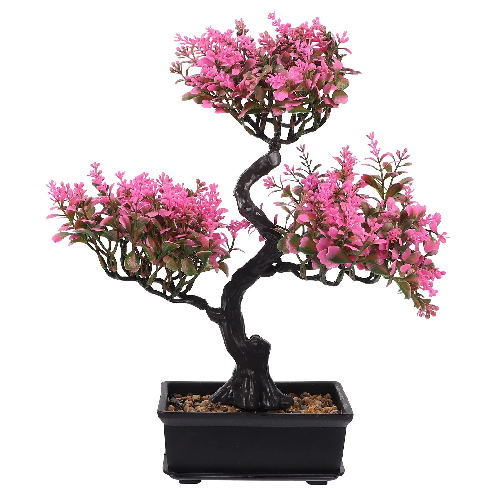Artificial bonsai tree with vibrant pink foliage, a dark curved trunk, and a square black pot filled with pebbles.
