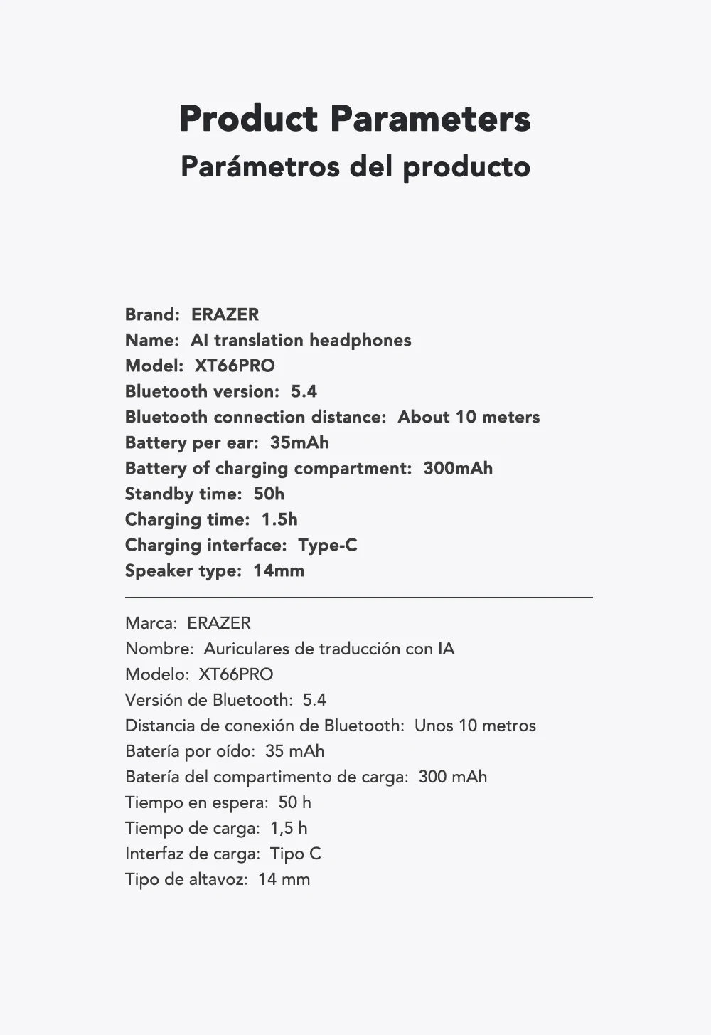 Technical specifications list for AI translation headphones in English and Spanish on a white background.