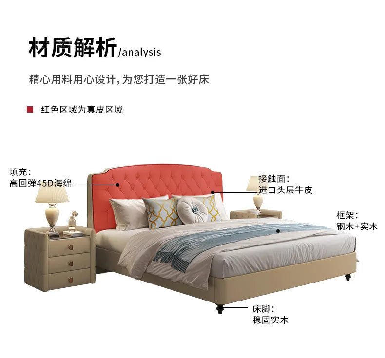 Modern queen-size bed with a tufted coral headboard, cream leather frame, and sturdy wooden feet.