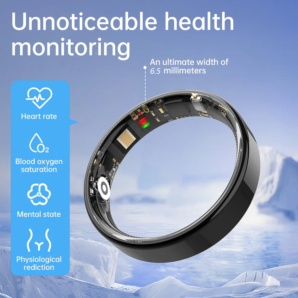Sleek black 6.5mm smart health ring displaying interior sensors for tracking heart rate, oxygen, and physiological data.