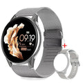 Silver smartwatch with mesh metal strap, circular touchscreen, fitness tracking, and an extra white silicone strap.