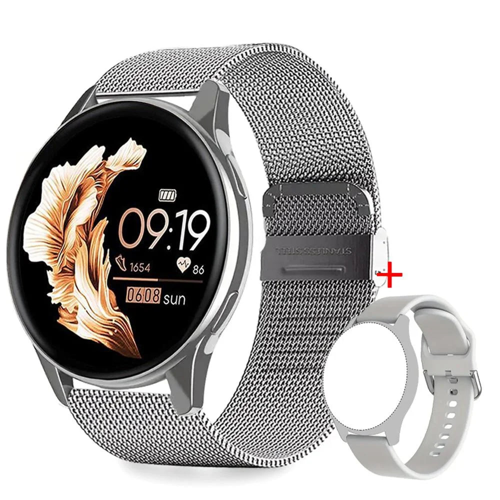 Silver smartwatch with mesh metal strap, circular touchscreen, fitness tracking, and an extra white silicone strap.