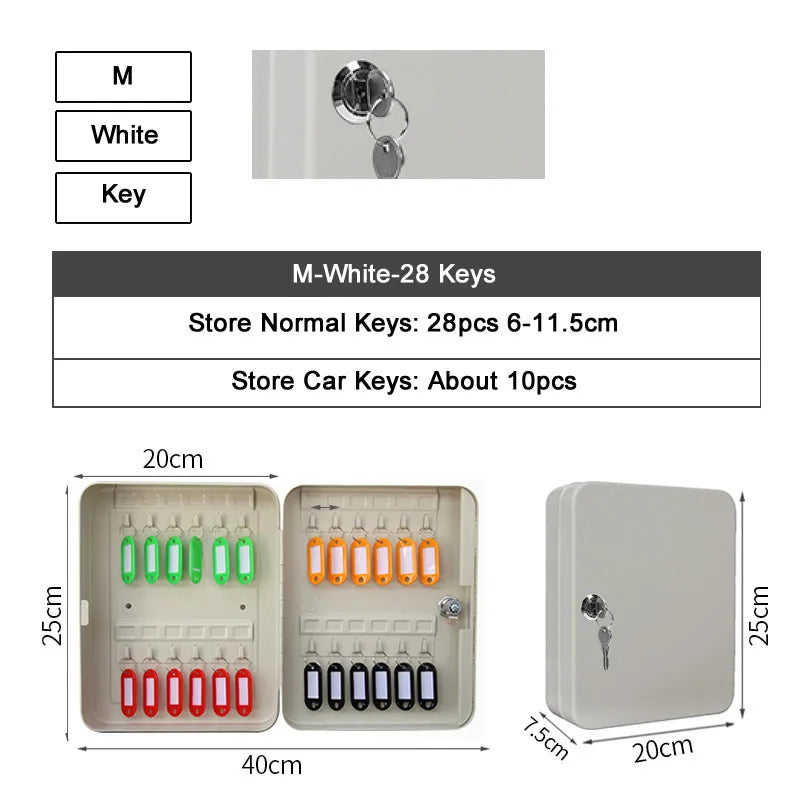 White metal wall-mounted key cabinet with 28 hooks, a cylinder lock with key, and multi-colored key tags.