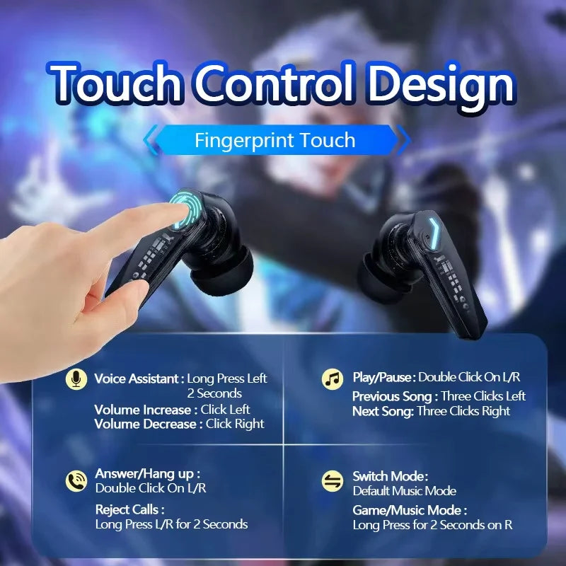 Black wireless earbuds with a sleek, angular design and fingerprint-sensitive touch controls for music and call tasks.