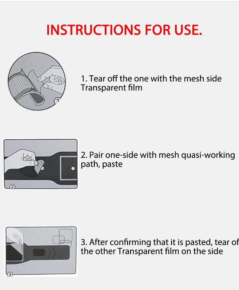Three-step instructional diagram for applying the adhesive film to the black abdominal muscle stimulator belt.