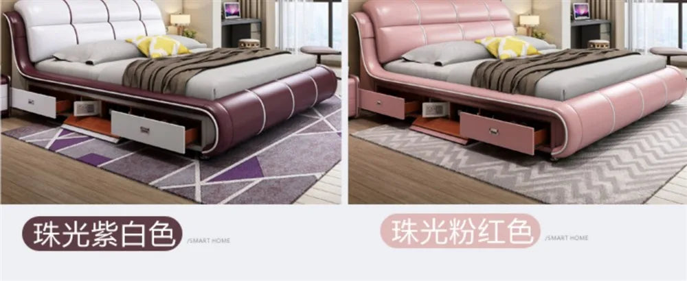 Modern, curved leather bed frames featuring button-tufted headboards and integrated under-bed storage drawers.