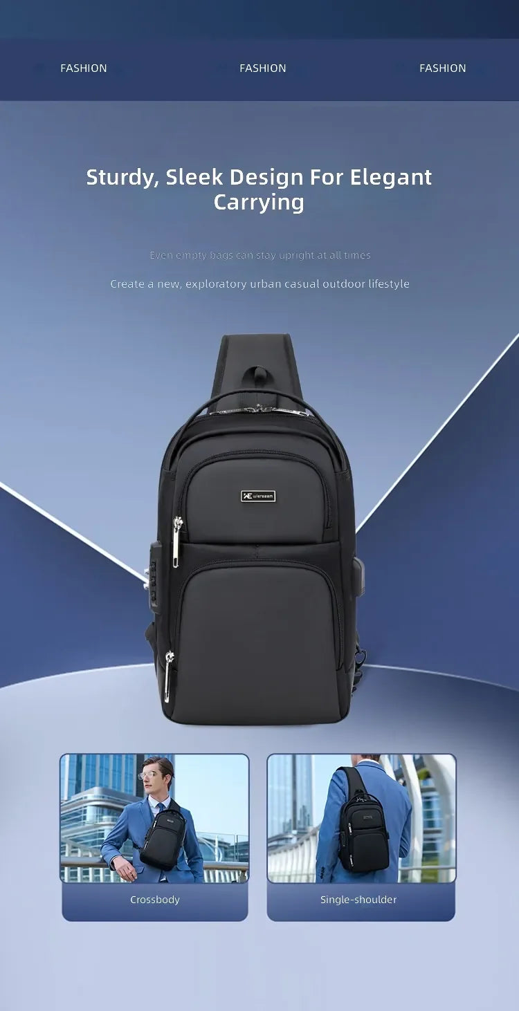 Sleek black waterproof anti-theft sling bag featuring a password lock, worn as a crossbody or single-shoulder pack.