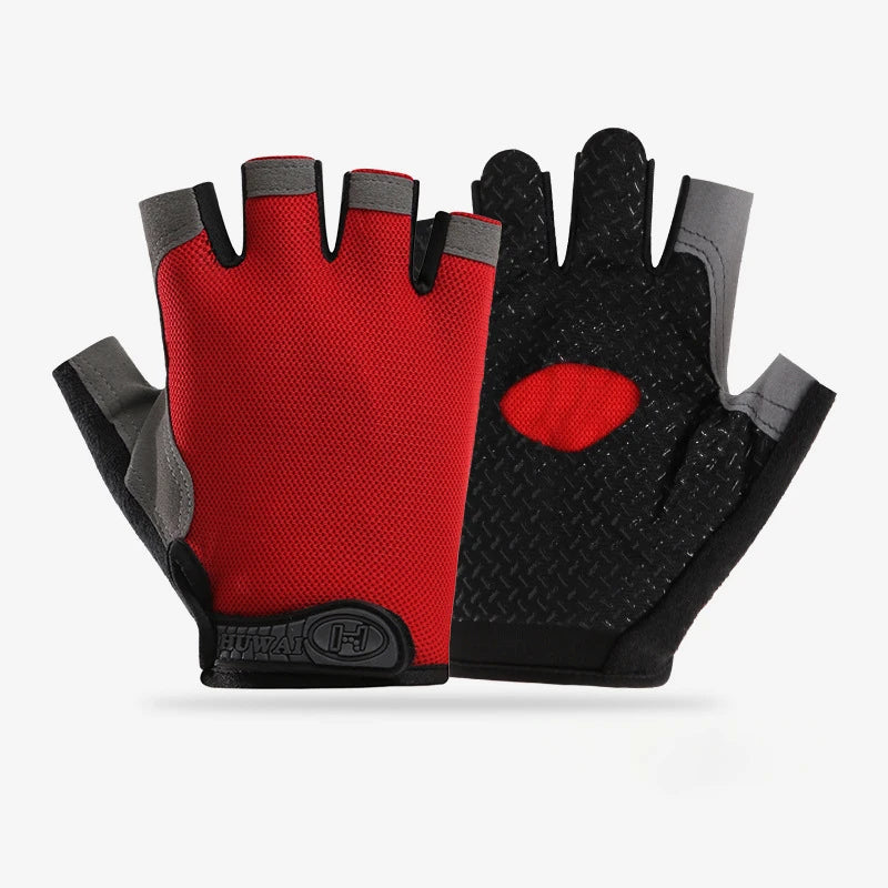 Pair of red and black fingerless sports gloves with grey accents and a textured anti-slip grip palm.